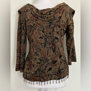Vtge Ronni Nicole Black W/Gold Sparkle Blouse Med Stretchy Beaded Fairy Forrest